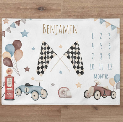 UnoCo Car Baby Blanket, Custom Racing Cars Month Blanket, Personalized Vintage Car Toddler Blanket, Newborn Gift (photo 2)