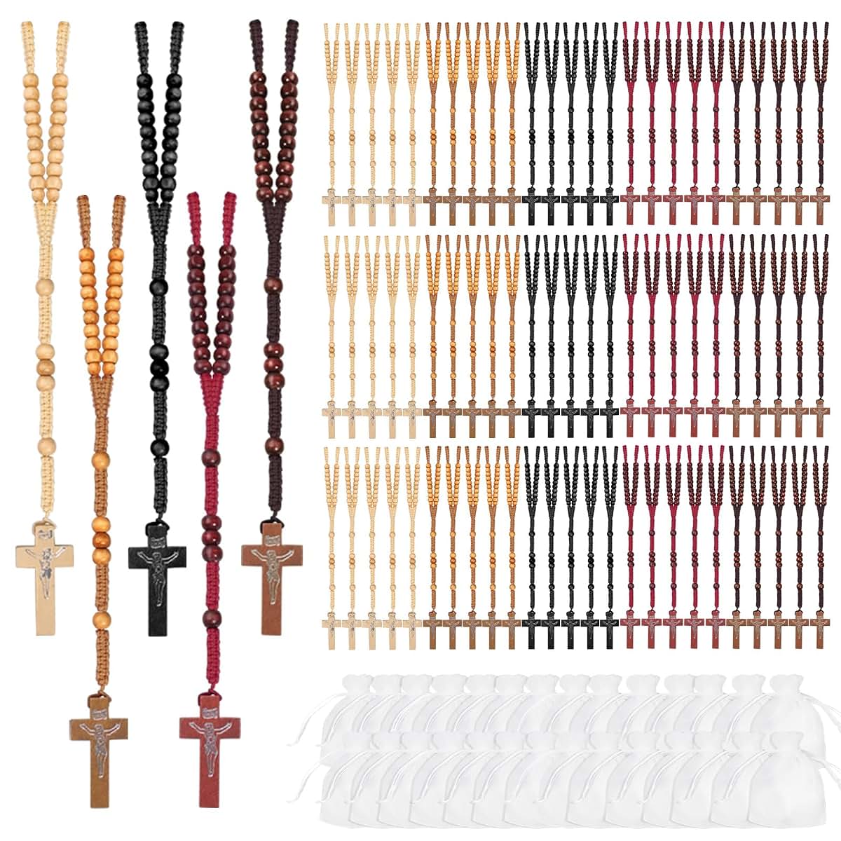 80 Sets Wooden Rosary Beads Bulk 5 Colors with Cross Pendants and Organza Bags