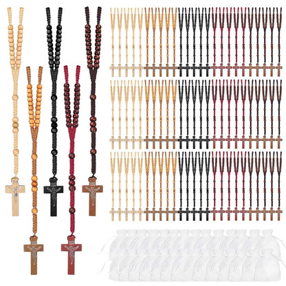 80 Sets Wooden Rosary Beads Bulk 5 Colors with Cross Pendants and Organza Bags
