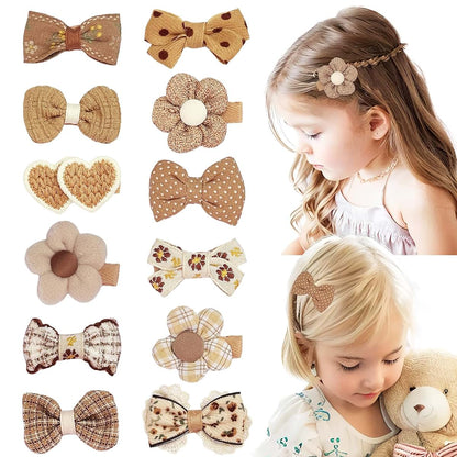 EleMirsa 12pcs Girl's Brown Bow Fabric Snap Hair Clips Set