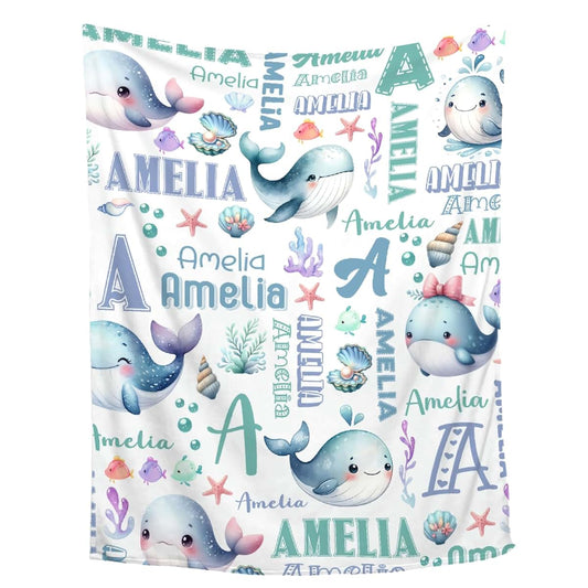 Thuswarm Personalized Blanket for Girls Boys Kids Whales Custom Kids Blanket with Name Throw Birthday Gift for Girls