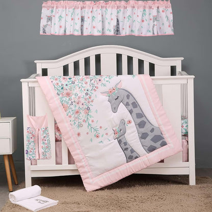 JAHbaby 6 Piece Pink Floral Giraffe Crib Bedding Set, 28x52