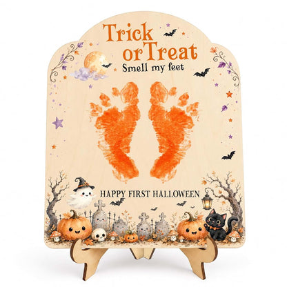 SAMDEMORY POD Baby's First Halloween Wooden Footprint Keepsake Sign with Stand