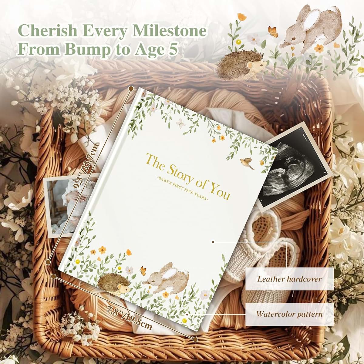Lanpn Baby Memory Book - Leather Cover First 5 Year Milestone Journal (154 Pages)