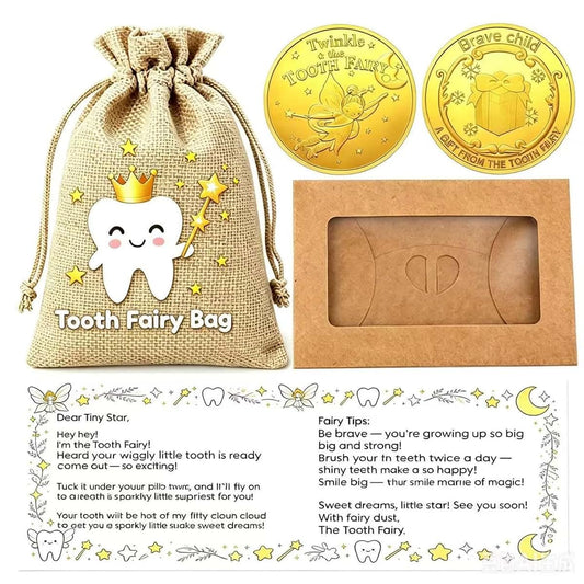 ZOOLMEEAN Tooth Fairy Gold Coins Keepsake Gift Set for Boys Girls, Magical Commemorative Coins for Lost Teeth