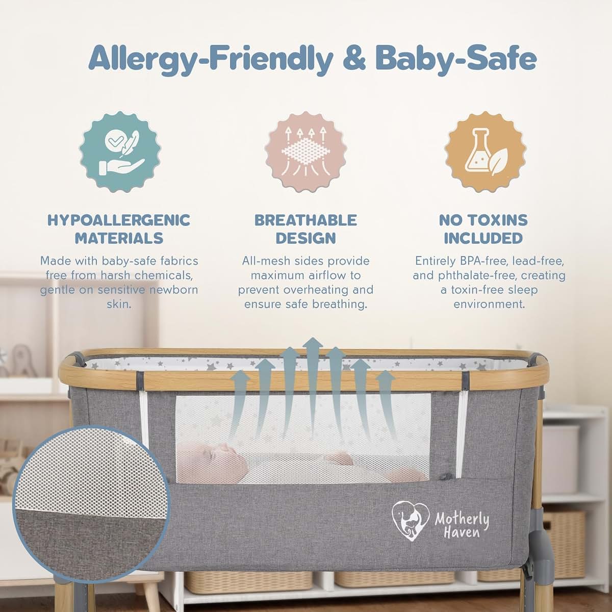 Motherly Haven Baby Bassinet Bedside Sleeper 37"L x 21"W x 33"H, Light Grey (photo 2)