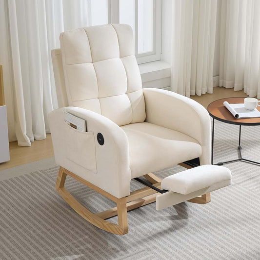 OUTGOODS Nursery Rocking Chair with Footrest, Linen Upholstered Glider Rocker with Side Pocket, USB Charging Port &