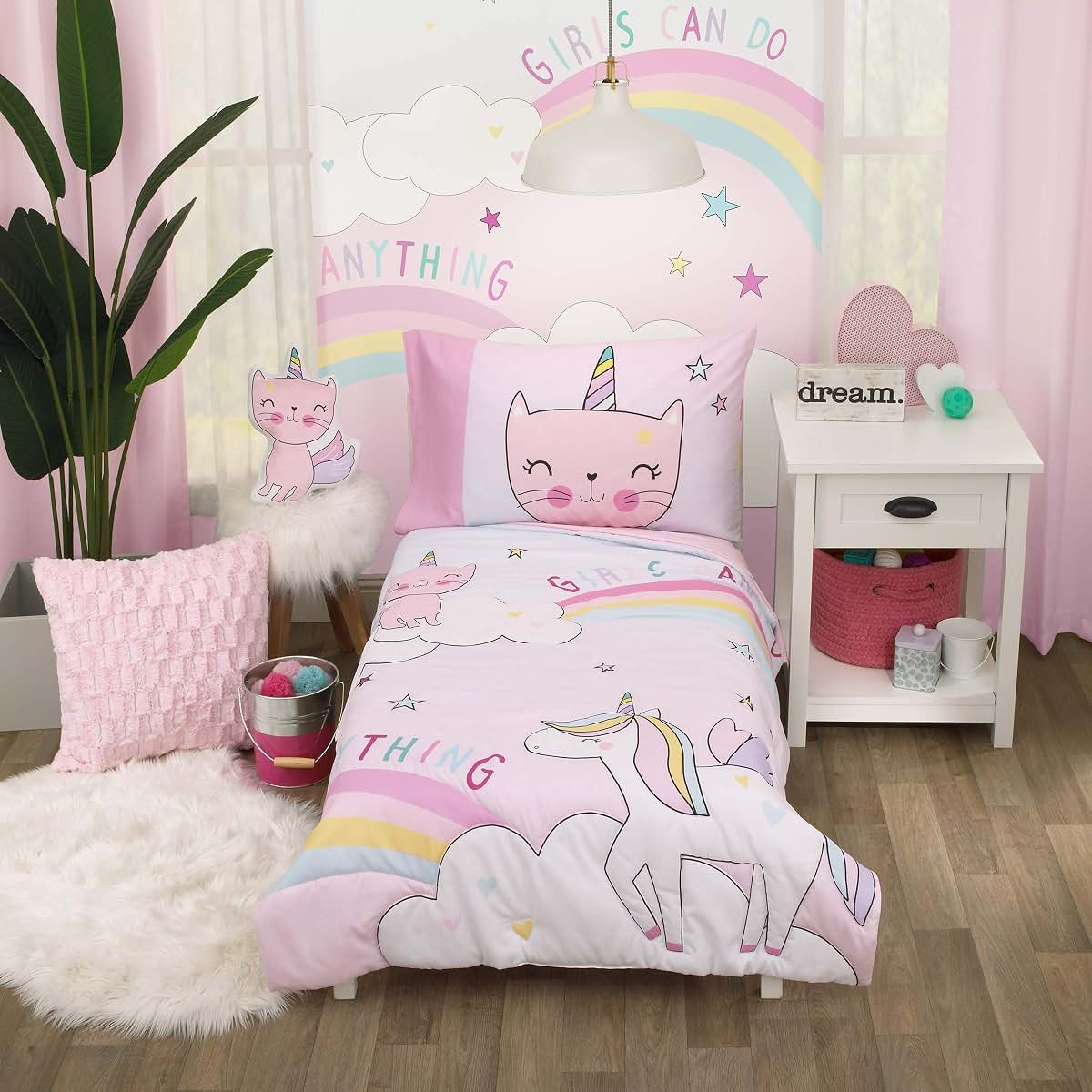 Everything Kids Caticorn Girl Power 4-Piece Toddler Bedding Set, Pink with Pastel Rainbows