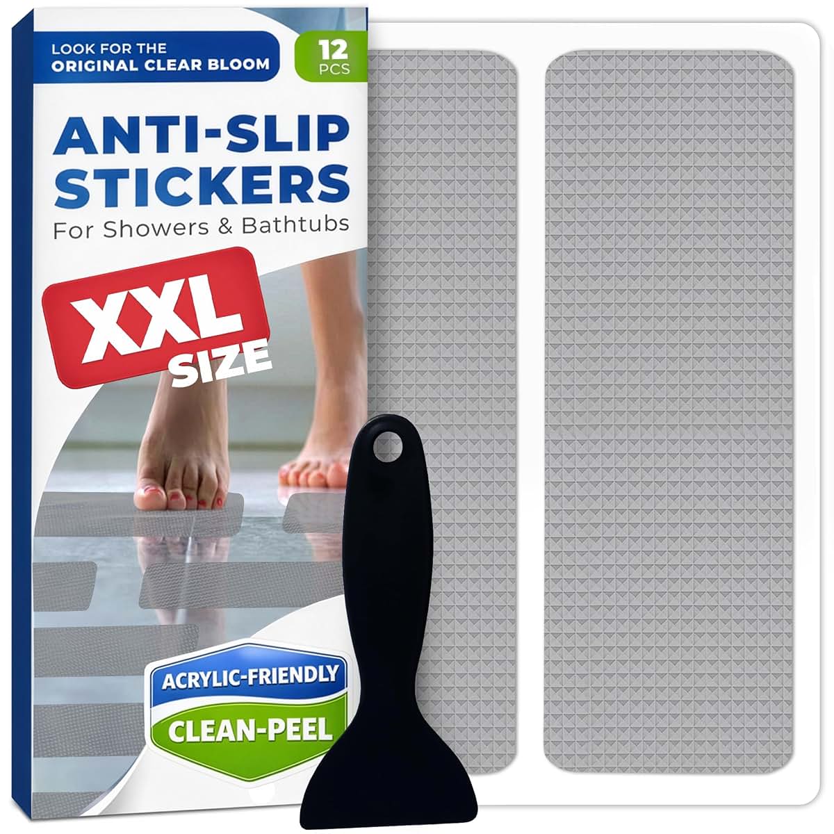 BabyOneStop XXL Anti-Slip Shower Stickers, 12-Pack Gray PEVA Bath Tub Strips with Scraper Tool