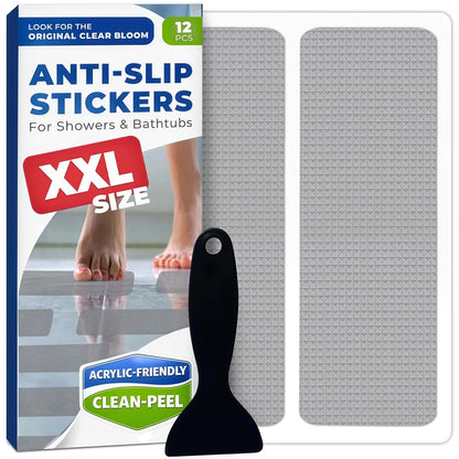 BabyOneStop XXL Anti-Slip Shower Stickers, 12-Pack Gray PEVA Bath Tub Strips with Scraper Tool