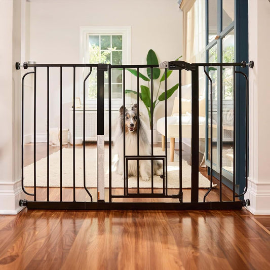 Genco Extra Wide Walk-Thru Pet Gate With Small Pet Door, 29.5-51 Inch