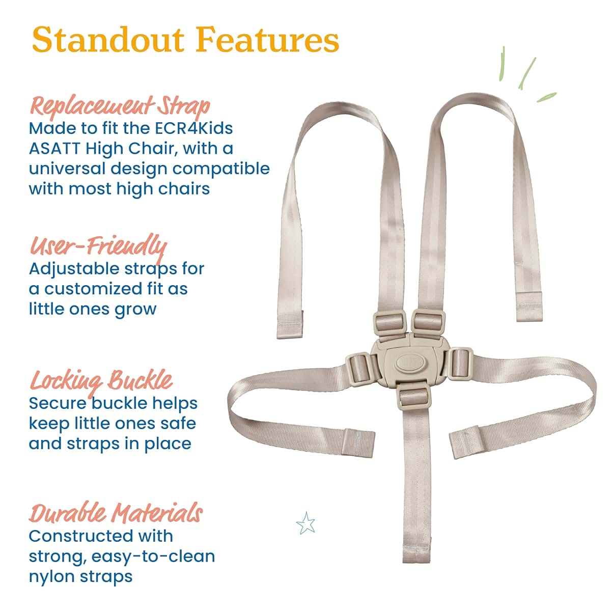 ECR4Kids Universal 5-Point T-Lock Harness, Compatible with ASATT High Chair, Replacement Part, Grey (photo 4)