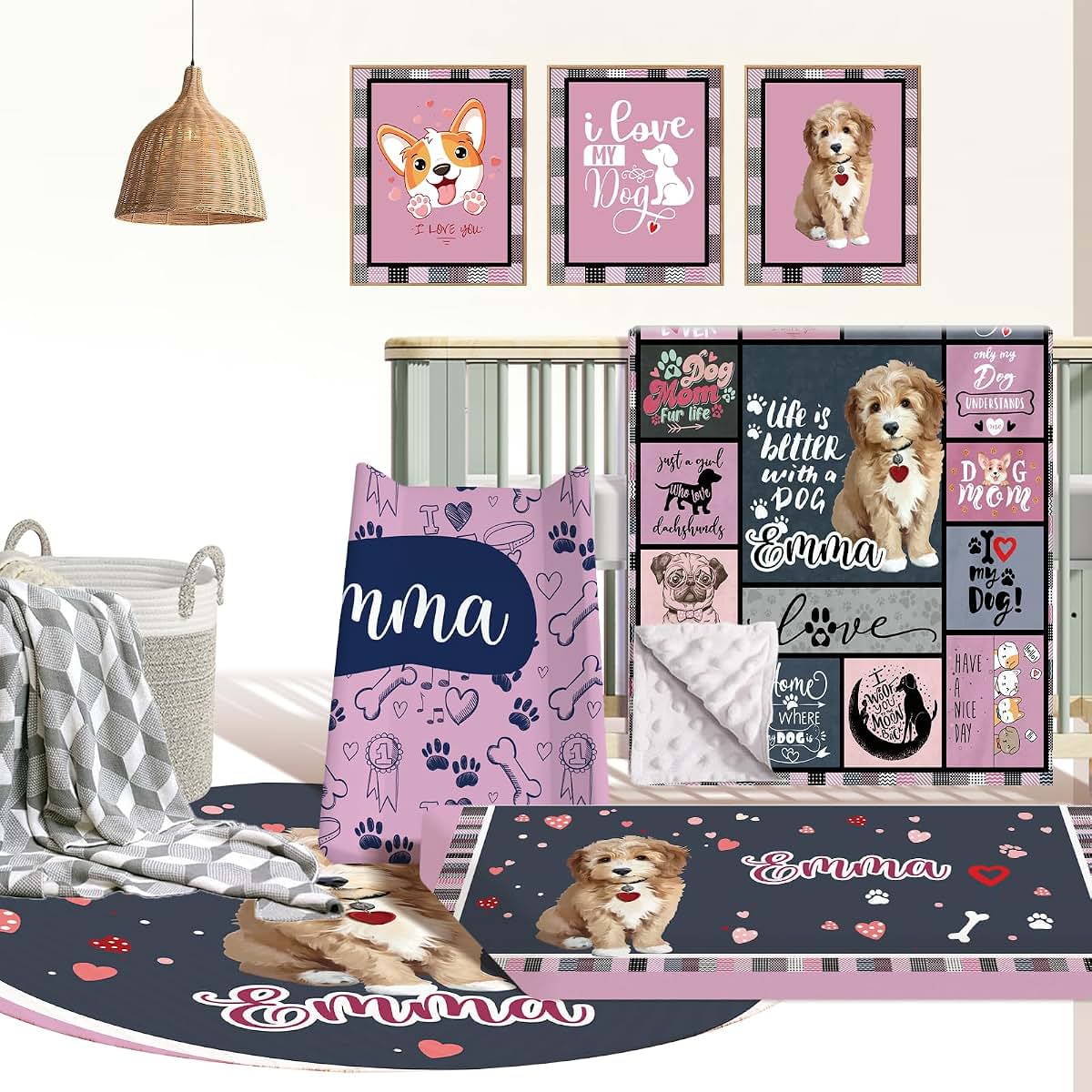 Kryvoxc Personalized Baby Crib Bedding Set, Custom Name Nursery Bedding, Dog Mom 5 Pcs Baby Bedding Set for Girl Boy
