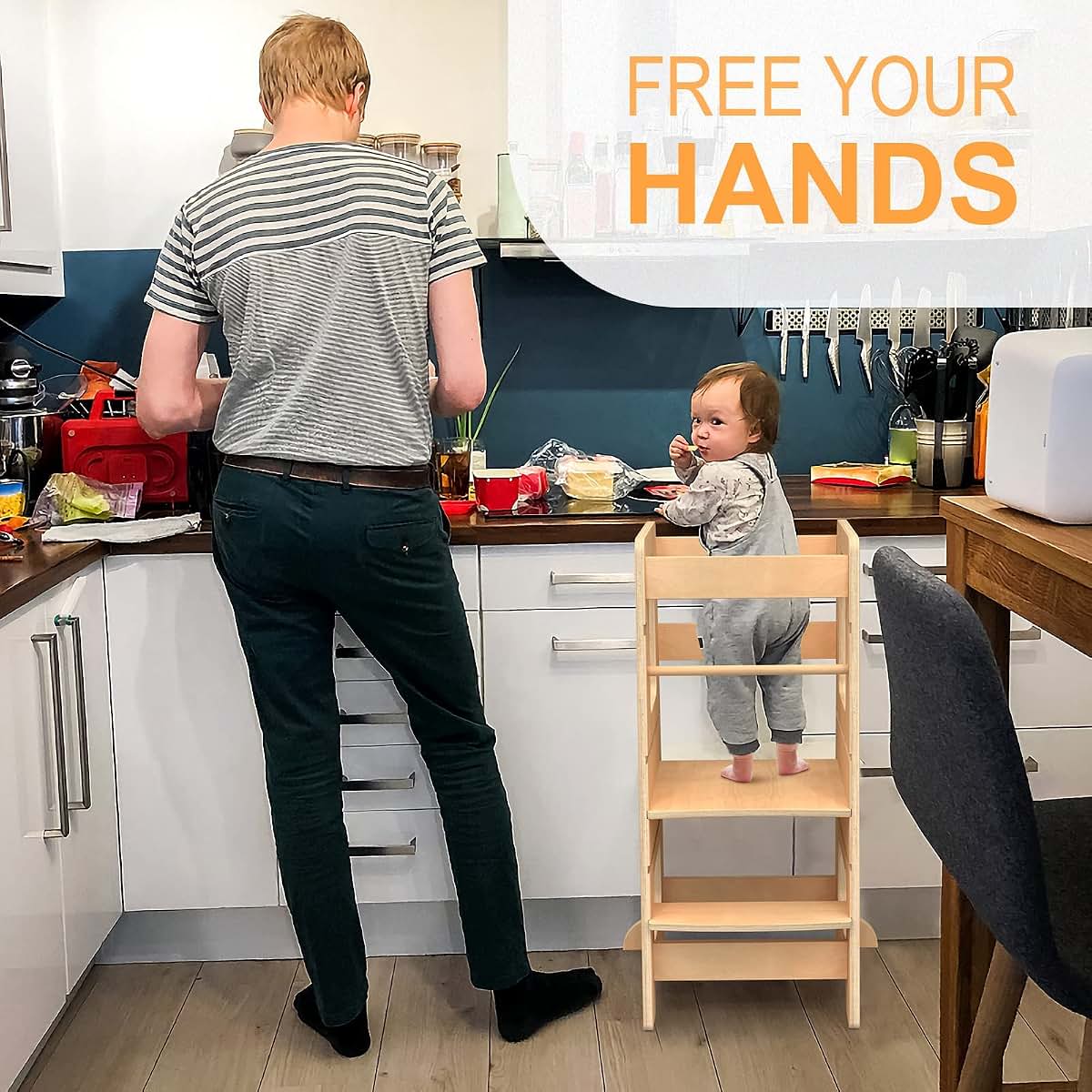 Wood City Kitchen Step Stool with Safety Rail and Adjustable Height