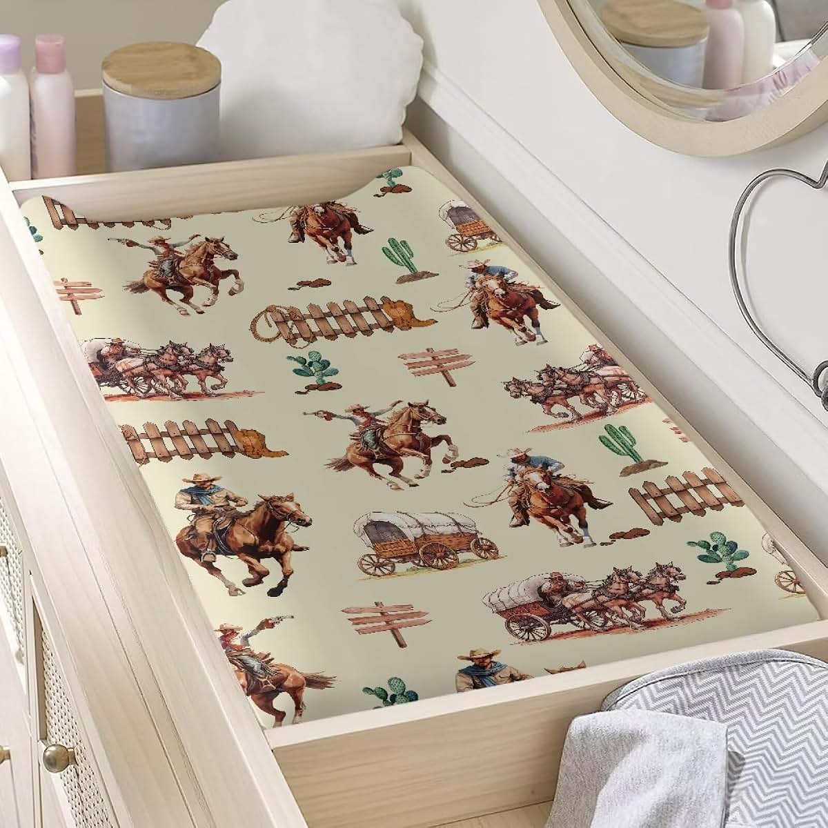 Tongluoye Western Cowboy Horse Changing Pad Covers Baby Changing Pad Sheets for Girls Boys Ultra Soft Stretchy Diaper (photo 3)
