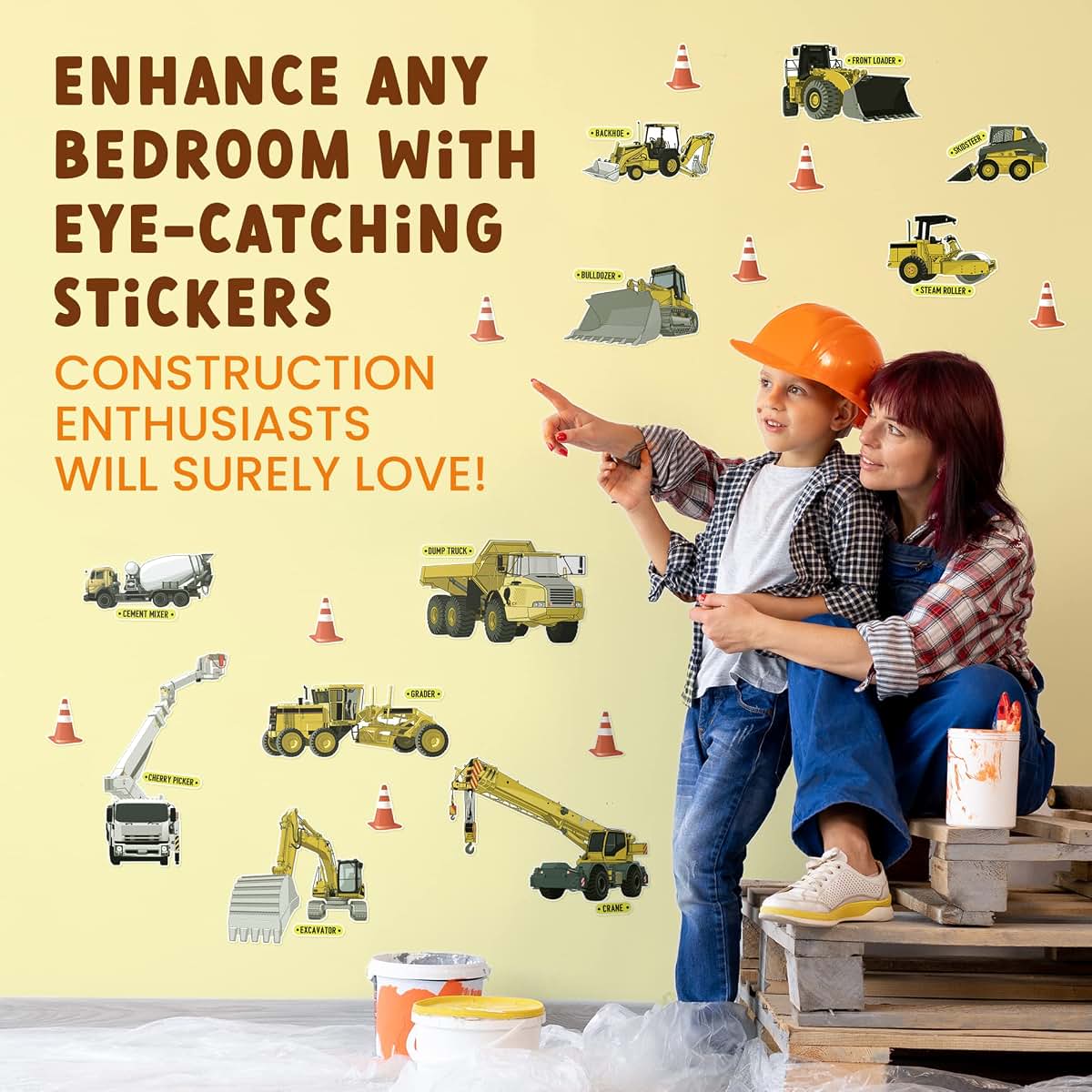 Glow In The Dark Construction Wall Stickers With 11 Decals And 10 Cones