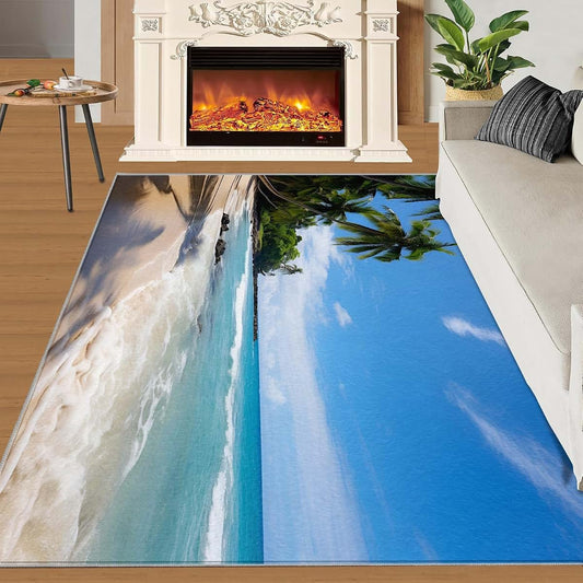 HYGIUID Summer Beach Area Rugs 4x5 - Nature Beachy Scene Rug for Entryway, Tropical Hawaii Washable Entry Way Rugs Kids