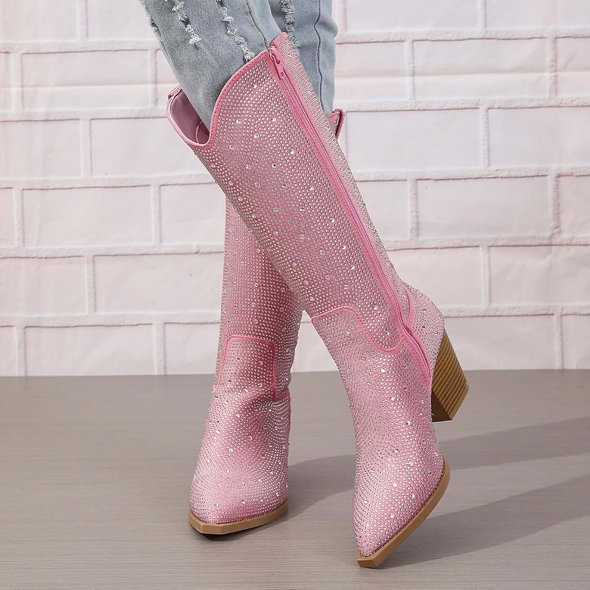 Women's Rhinestone Cowboy Boots Mid Calf Pointed Toe Sparkly Block Heel