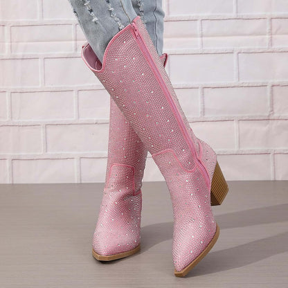 Women's Rhinestone Cowboy Boots Mid Calf Pointed Toe Sparkly Block Heel