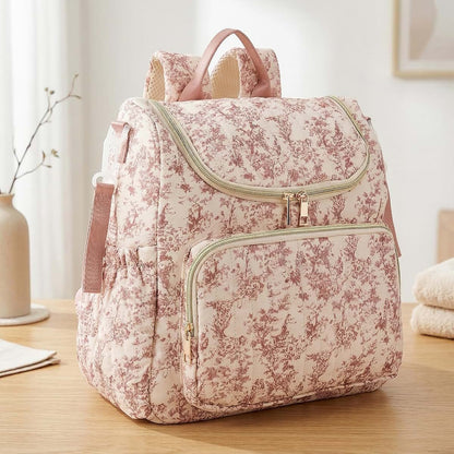 BabyOneStop Floral Diaper Storage Backpack Large Capacity Polyester Padded Nursing Bag Zipper Closure