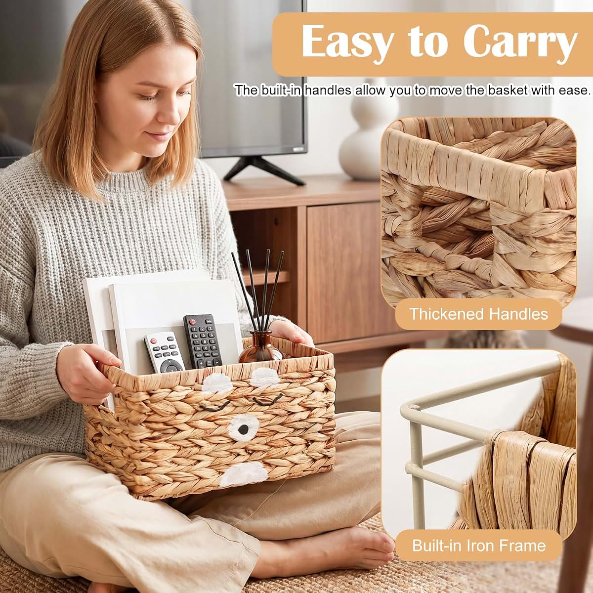 Bear Pattern Water Hyacinth Storage Basket Set for Organizing