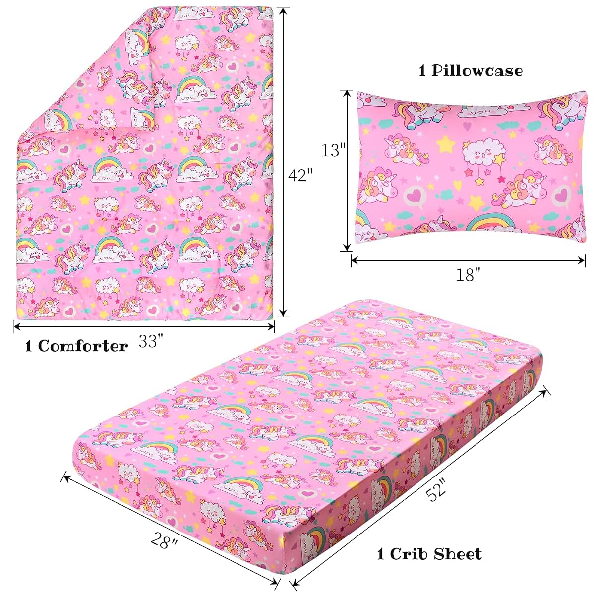JISEN 3 Piece Crib Bedding Set Pink Unicorns