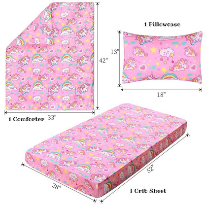 JISEN 3 Piece Crib Bedding Set Pink Unicorns