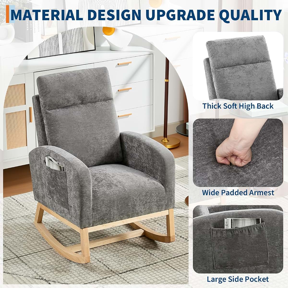 Amenitlif Rocking Chair Glider for Nursery, 300 Lbs, Side Pocket & Backrest (photo 4)