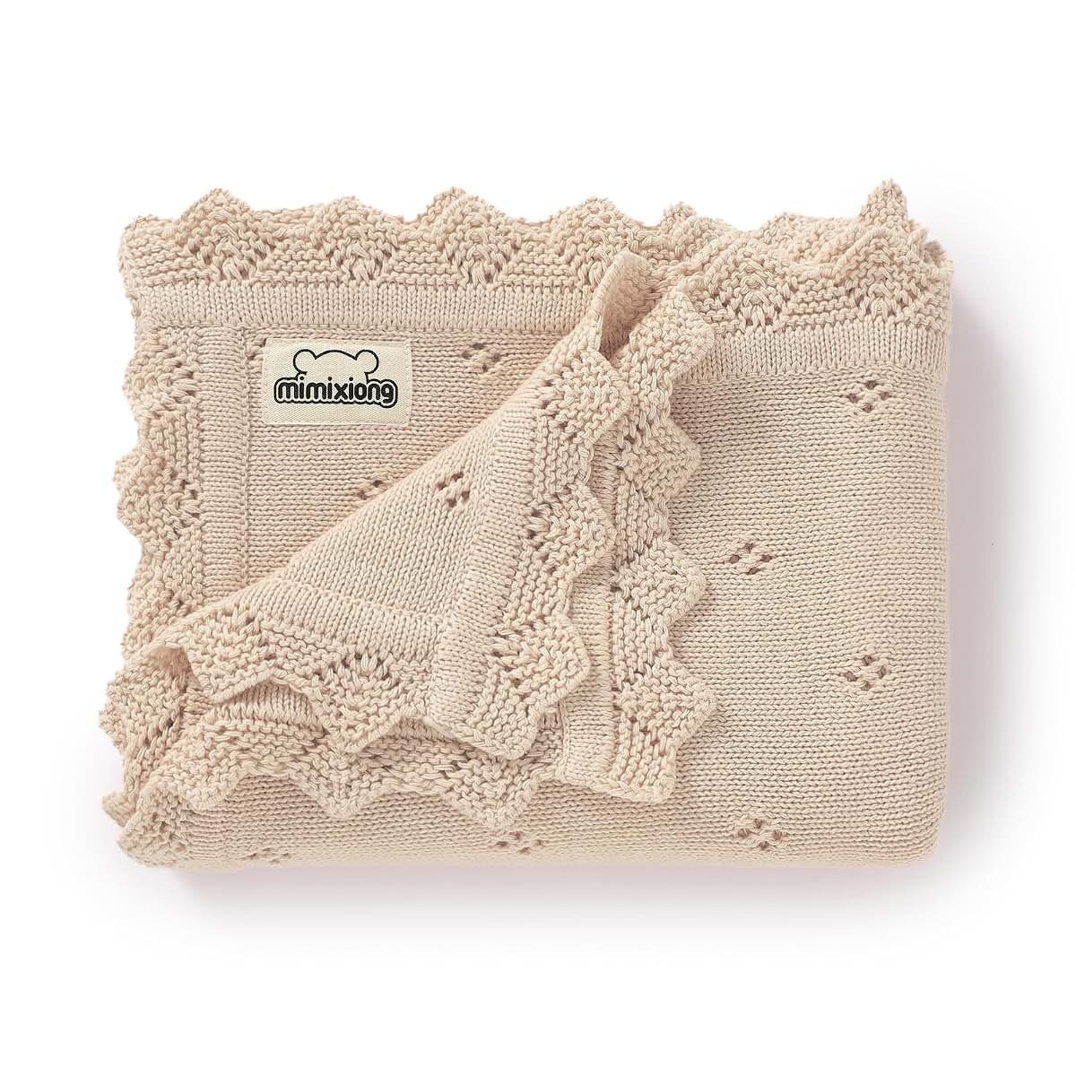 mimixiong Cotton Baby Blanket Knitted Crochet Swaddle 30x40 Inch Oatmeal
