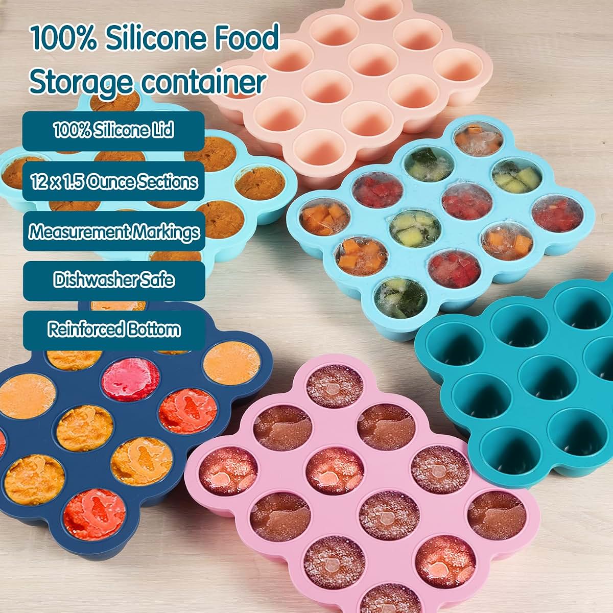 HIWOOD Silicone Freezer Tray with Lid, 12 x 1.5oz Pods, Midnight Blue