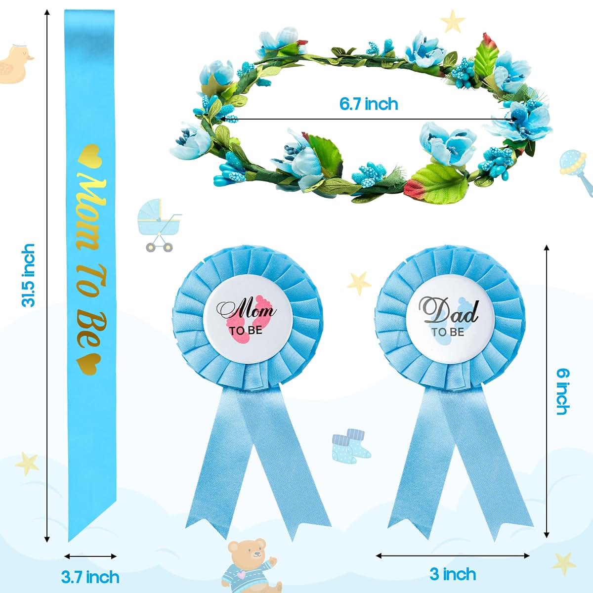 2ooya Mom to Be Sash Kit for Baby Shower, Blue and Gold, with Garland Crown