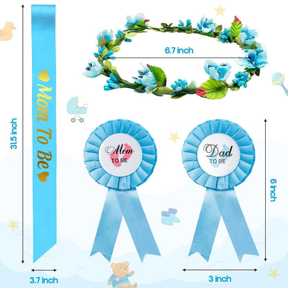 2ooya Mom to Be Sash Kit for Baby Shower, Blue and Gold, with Garland Crown