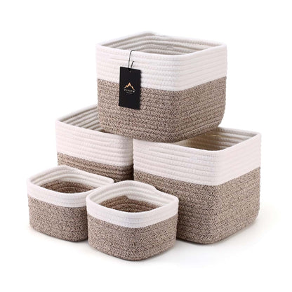 VIRETH HAUS 5-Pack Storage Cubes Woven Rope Baskets, 2 Sizes Organizer Bins