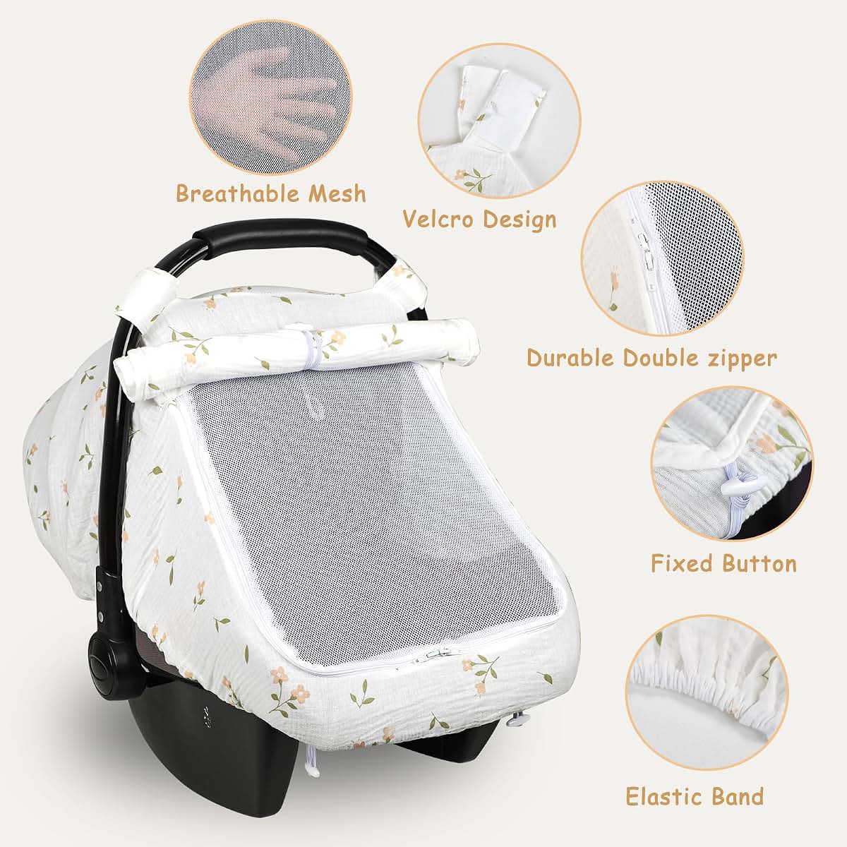 SWESEN Muslin Car Seat Cover Baby, Summer Baby Carseat Covers for Girls, Easy Access carseat Canopy Snug Fit Baby (photo 4)