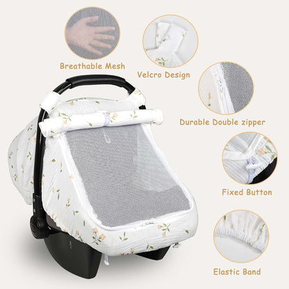 SWESEN Muslin Car Seat Cover Baby, Summer Baby Carseat Covers for Girls, Easy Access carseat Canopy Snug Fit Baby (photo 4)