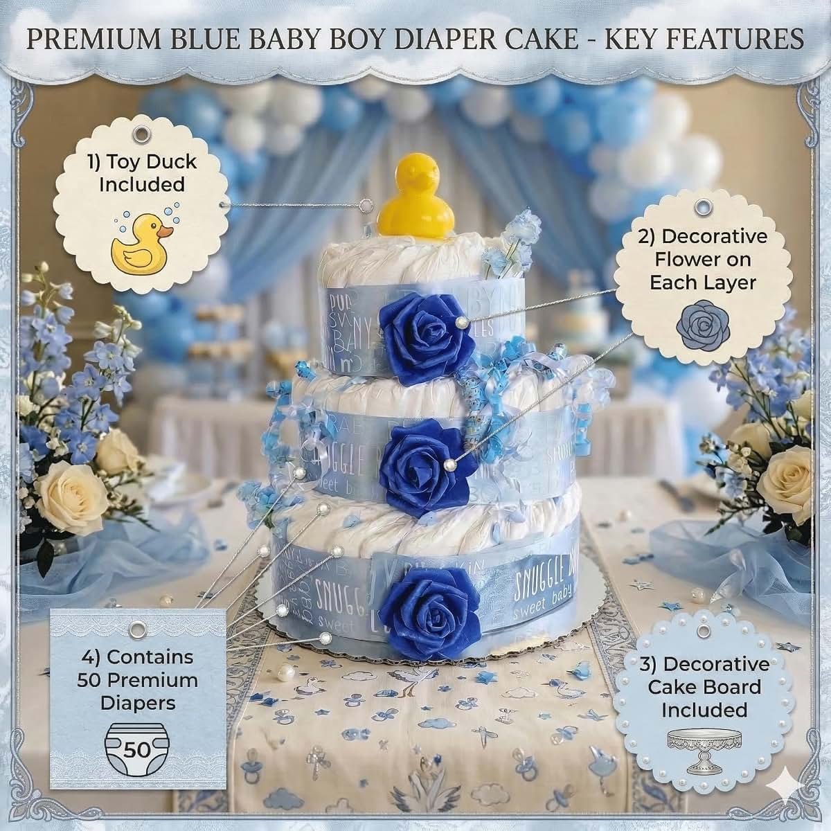 Choobly 3-Tier Baby Boy Diaper Cake Kit with 50 Diapers