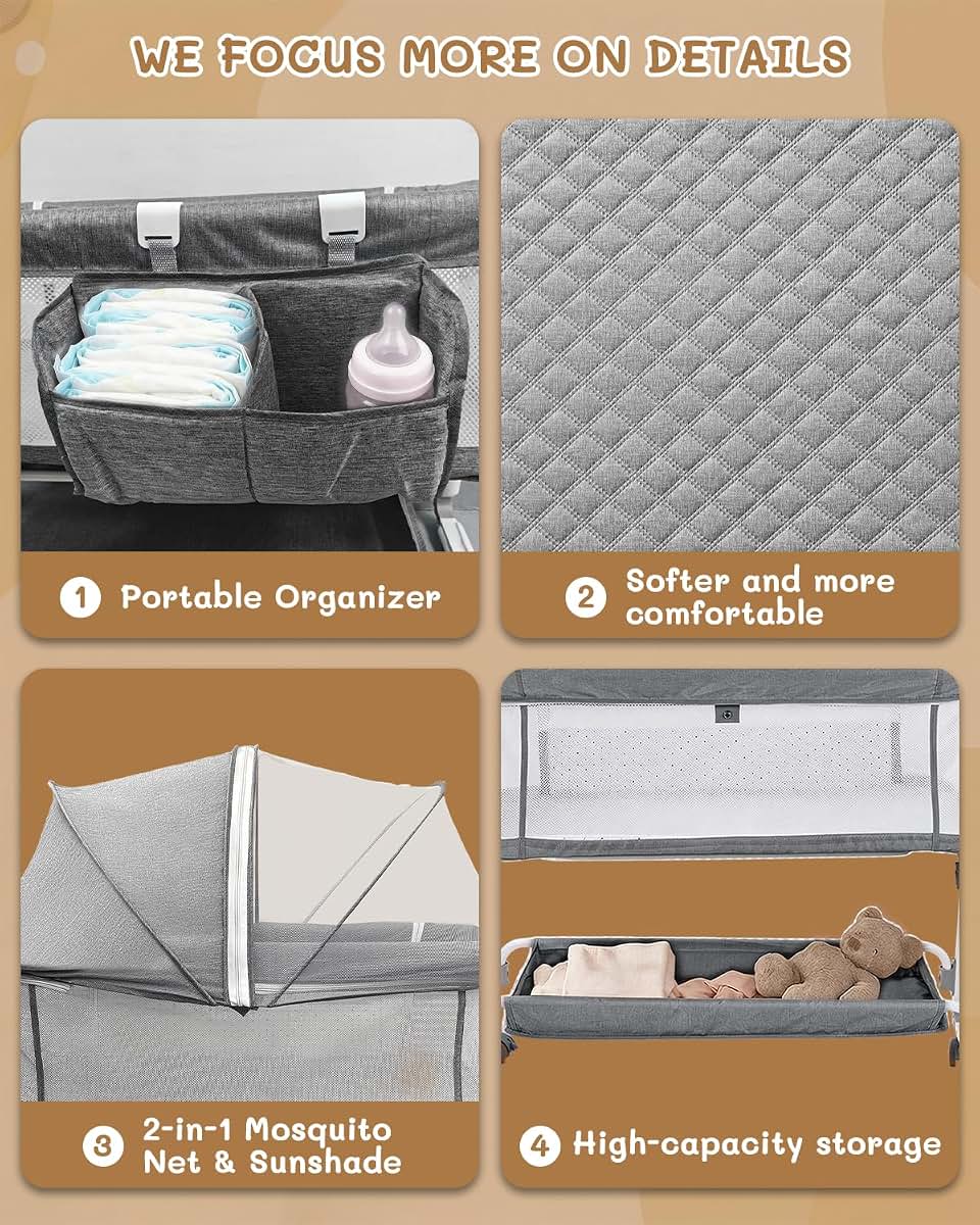 Leoavetole Baby Bassinet With Wheels And 6 Height Settings, Deep Gray
