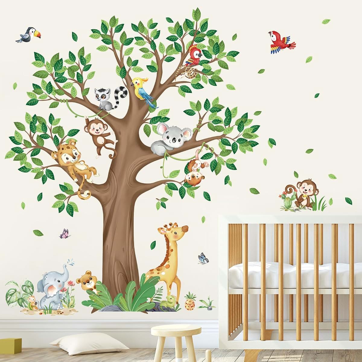 Yanfeng Jungle Animal Tree Wall Decals Stickers - Peel and Stick Vinyl Decor, Waterproof, 4 Sheets