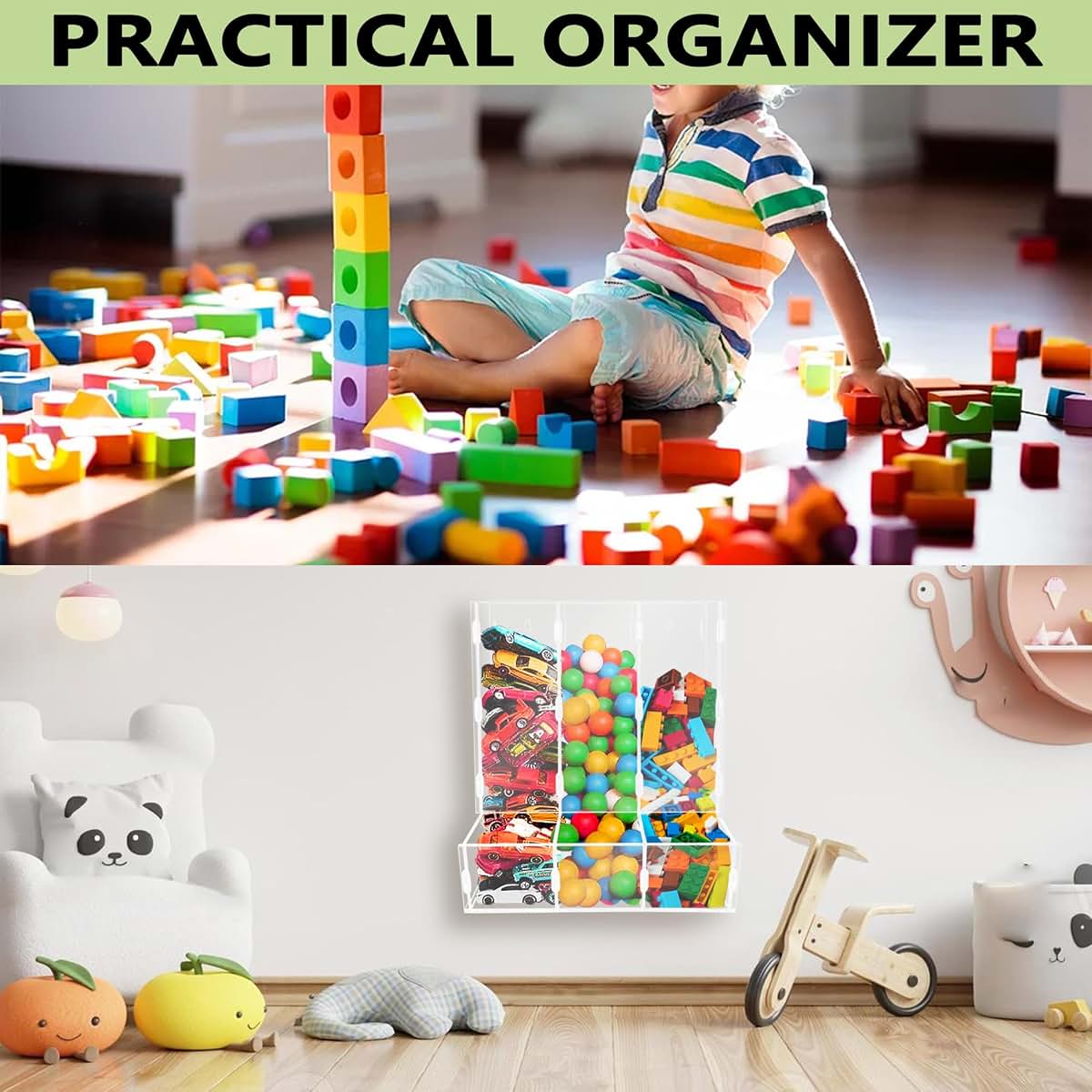Montex Acrylic Wall Toy Dispenser, Acrylic Wall Storage, (Triple Compartment) Hanging Organizer and Storage Bin for (photo 2)