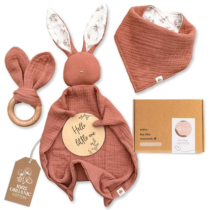 Mikito Organic Cotton Newborn Gifts Box, Unisex Loveys & Accessories incl. Muslin Baby Comforter + Baby Bandana Bib +