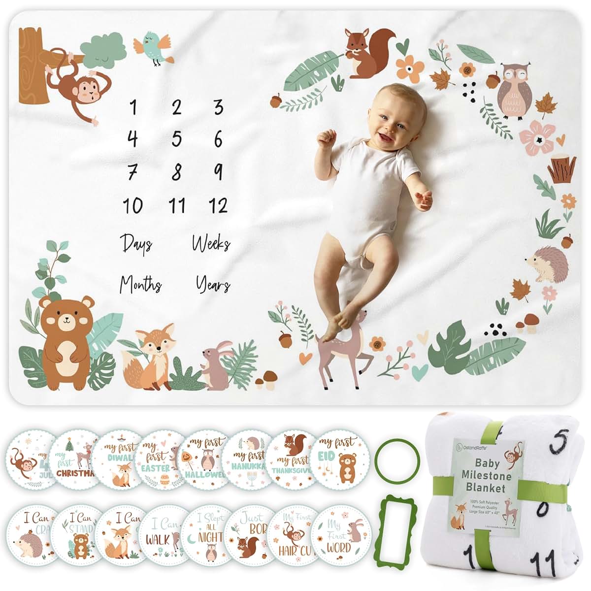 Milestone Blanket Set for Baby Boy with 16 Stickers - 60" x 40"