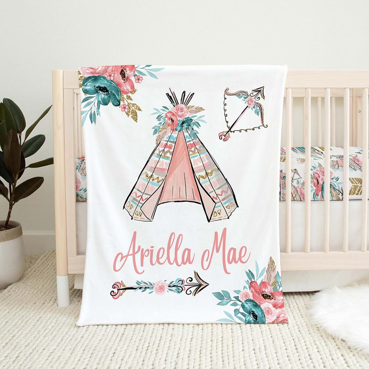 UnoCo Boho Baby Girl Blanket, Personalized Floral Name Blanket, Boho Nursery Bedding