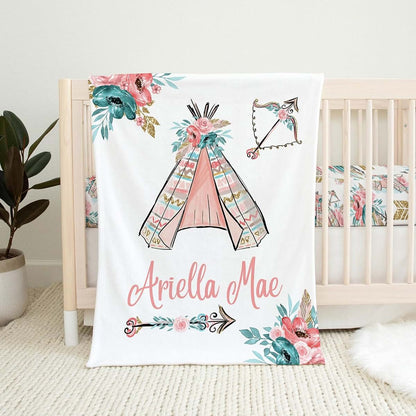 UnoCo Boho Baby Girl Blanket, Personalized Floral Name Blanket, Boho Nursery Bedding