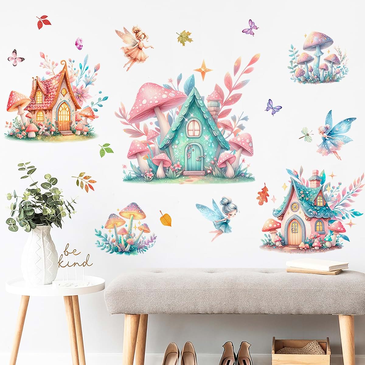DTLIFEK Woodland Mushroom House Wall Decals, Fairy And Butterfly Peel And Stick Decor