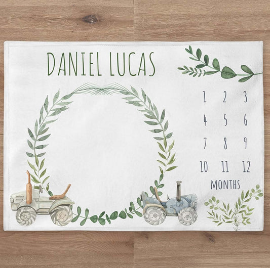 BabyOneStop Tractor Milestone Personalized Baby Blanket