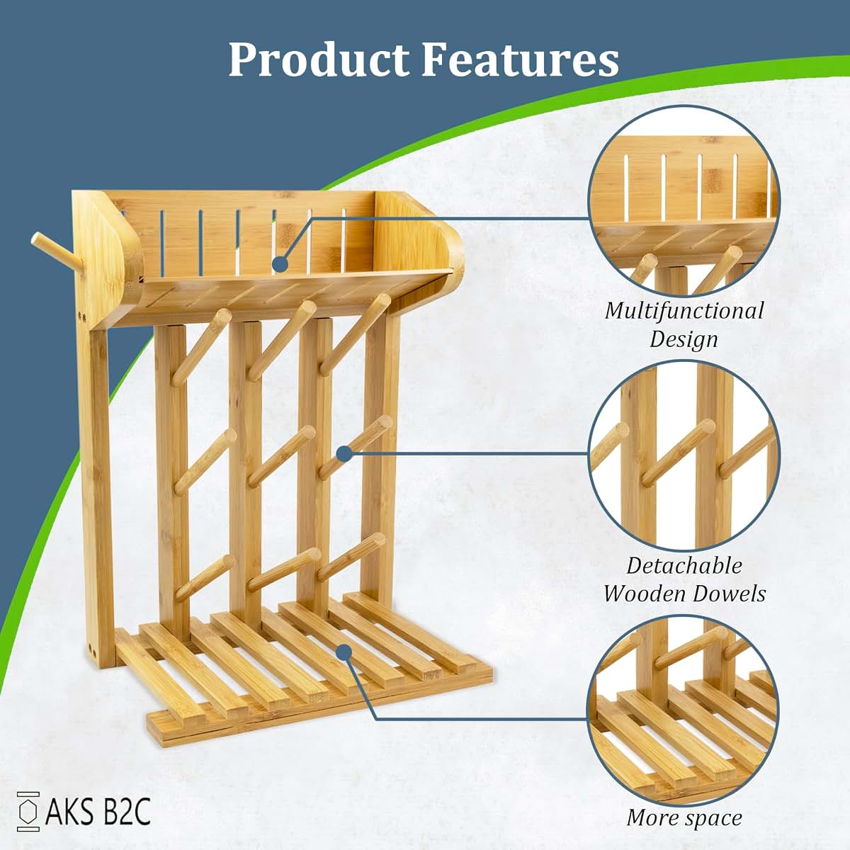 AKS B2C Bamboo Baby Bottle Drying Rack, 9 Bottle Capacity, Vertical Countertop Organizer with Cleaning Brush