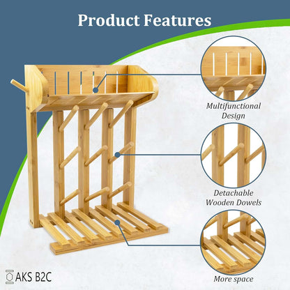 AKS B2C Bamboo Baby Bottle Drying Rack, 9 Bottle Capacity, Vertical Countertop Organizer with Cleaning Brush