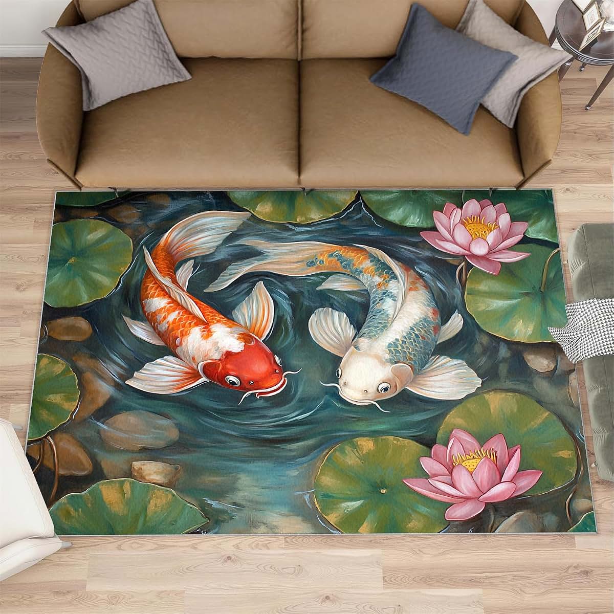 HYGIUID Lotus Koi Area Rugs 4x5 - Lotus Pond Rug for Entryway, Chinese Tradition Washable Entry Way Rugs Kids Carpet