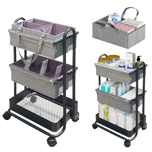 Elitehouse 2In1 Baby Diaper Caddy Organizer with Dividers,3-Tier Diaper Rolling Cart,Mobile Metal Utility Cart for Baby