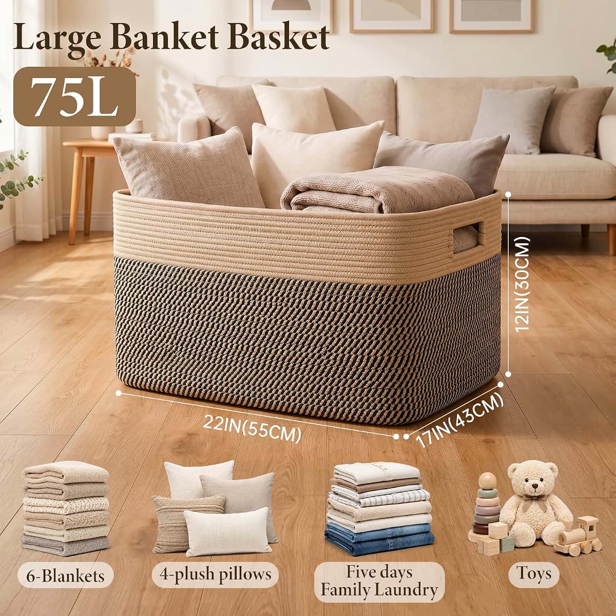Sixdove 75L Cotton Rope Basket for Nursery and Living Room Storage
